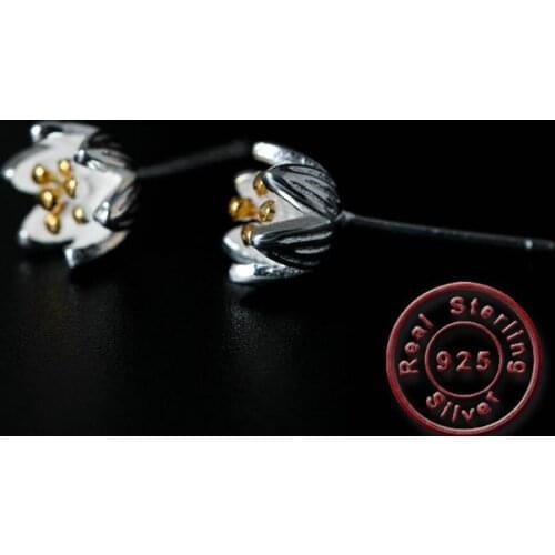 Amxiu Beautiful Lotus Flower Stud Earrings 100% 925 Sterling Silver Earrings For Women Girls Graduation Birthday Party Jewelry
