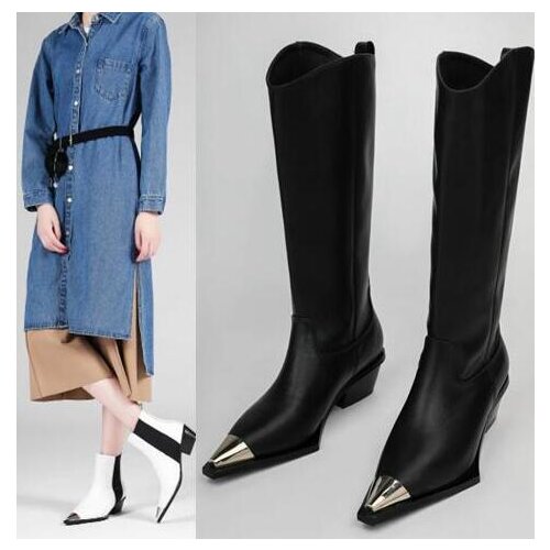 Winter Hot Woman Brand Black White 45 mm Med Heels Iron Metal Pointed Toe Slip On Casual Knee High Long Martin Boots Big Size 43