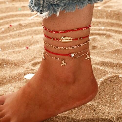 2020 Boho Gold Shell Cowrie Anklet Set for Women Red Weaving Leaf Rhinestone Charms Layering Beaded Anklet Sandals Jewelry Gifts