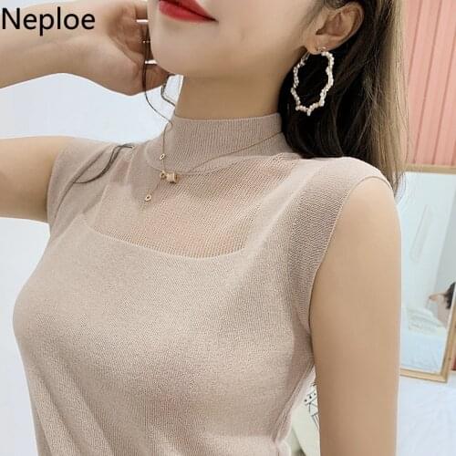 Neploe 2021 Womens Tops Knit Sleeveless Half Turtleneck Tank Summer Hollow Out Sexy Camis Korean Fashion Temperament Tees Female
