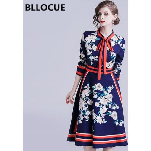 BLLOCUE High Quality Designer Runway Dress 2019 Autumn New Women Long Sleeve Bow Tie Collar Contrast Flower Print Midi Dress
