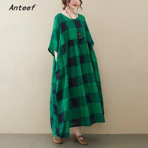 Short sleeve cotton vintage plaid dresses for women casual loose long woman summer dress elegant clothes 2021 sundress