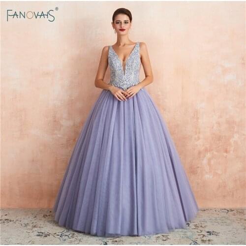 Elegant Evening Dress Long Sleeveless Princess Ball Gown Evening Gown Crystal Beaded Lilac Prom Dress 2019 Tulle Robe de Soiree