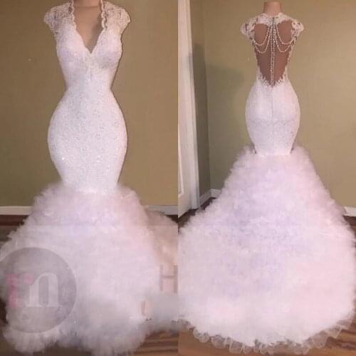 White Prom Dress Mermaid V-neck Cap Sleeves Appliques Beaded Rufflese Long Prom Gown Evening Dresses Robe De Soiree