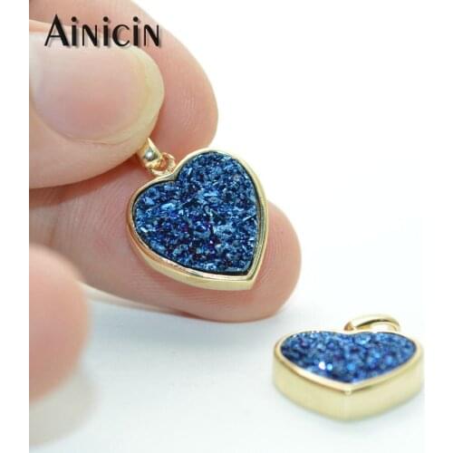 1pc Navy Blue Druzy Crystal Heart Shape Pendants Gold Plating Fashion Women Necklace & Earring Making Findings