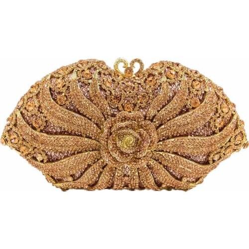23x13CM Dinner Bag Shell-shaped Metal Hollow Flower Diamond Banquet Rhinestones Clutch Bag a6603
