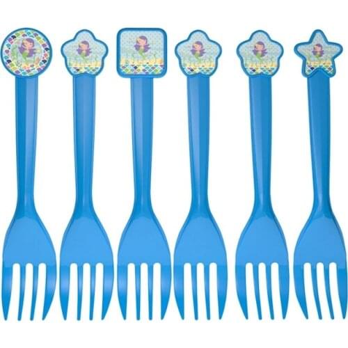 6pcs/set New Little Mermaid Theme Disposable Forks For Kids Happy Birthday Party Tableware Blue Plastic Fork Party Supplies