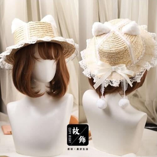 Lolita Bowknot Hat Flower Marriage Series Lace White Straw Hat Cute Cat Ear Free Shipping B