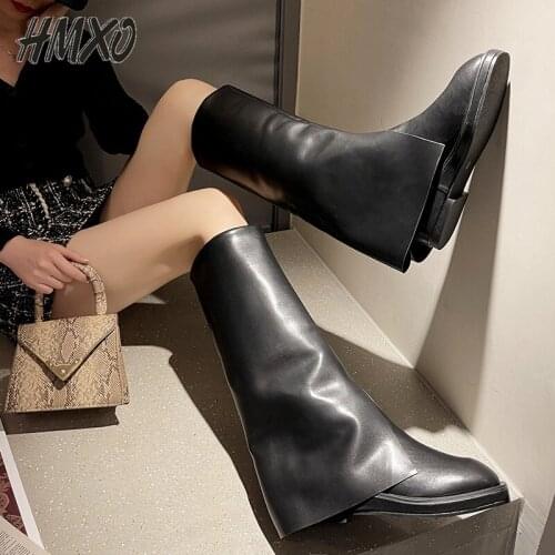 HMXO Black Square-headed Trousers High Leg Boots Knee Boots Women Round Head Slimming Niche Retro Knight Boots Look Slim Boots