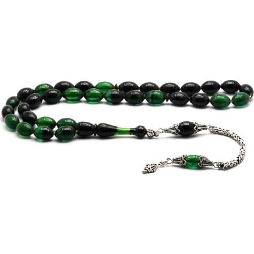 Rosary with 925 Sterling Silver Tassel and Barley Cut Green Amber Stone Natural Stone Beads Prayer Islamic Muslim Tasbih