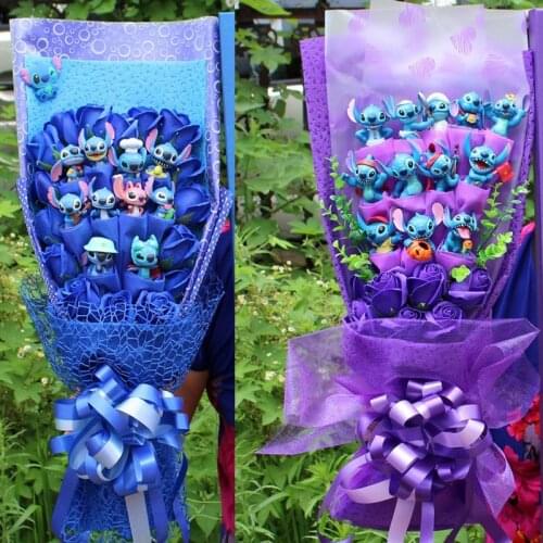 Disney Mickey Minnie Mouse Bouquet Cartoon Lilo Stitch Plush Doll Toy Rose Bouquet Donald Duck Daisy Valentine Xmas Gift Box
