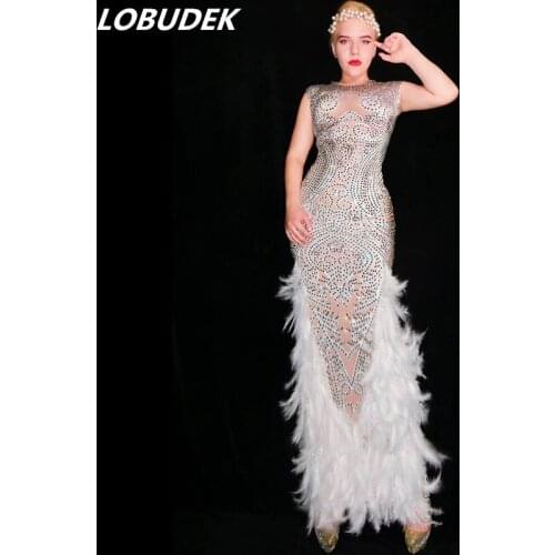 White Feather Bling Rhinestones Banquet Skinny Dress Women Singer Dancer Host Stage Long Dress Birthday Prom Show Sexy Costume