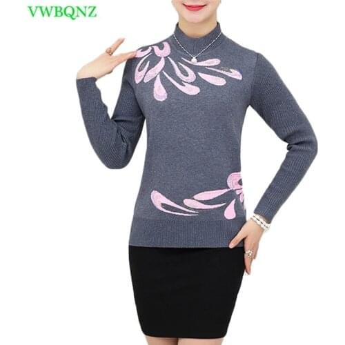 Middle-aged Mother Splicing Turtleneck Sweater Slim Embroidery Warm Knit Pullover Female Plus size Bottoming Shirt Casual Tops