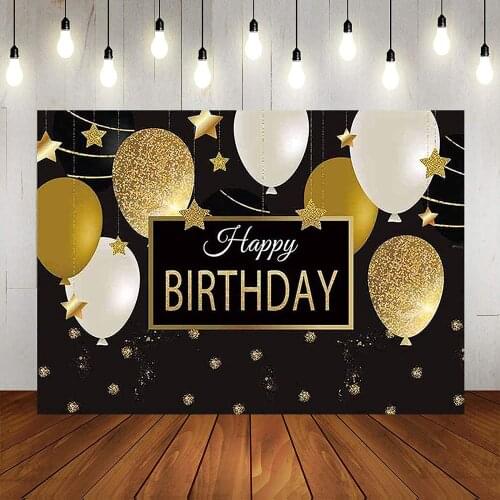 Happy Birthday Black And Gold Balloons Photography Backdrop For Men Women Kids Adults Banner Decoration Supplies Background