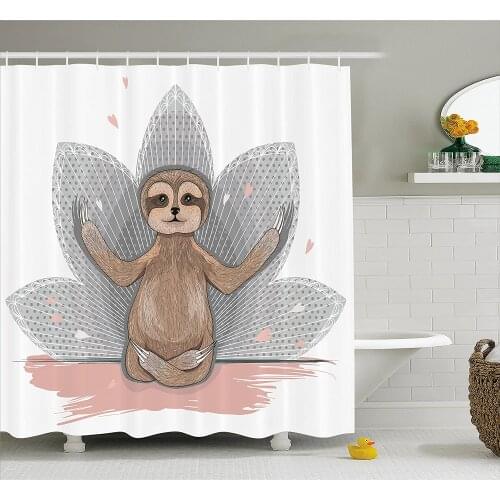 Sloth Shower Curtain Little Cute Sloth Meditation Lotus Flower Yoga Asana Positions Motivational Fun Bath Curtains For Bathroom