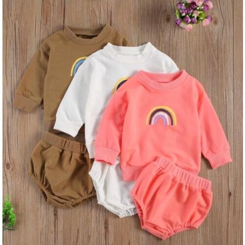 Fashion Kids Suit Set Rainbow Print Round Neck Long Sleeve Pullover Sweatshirt Tops Solid Color Shorts Girls Clothing Set