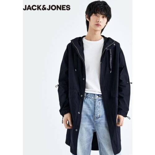 JackJones Mens Hooded Casual Pure Color Denim Mid-length Trench Coat| 220357009