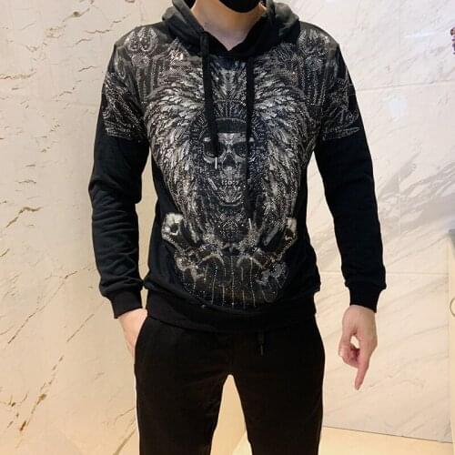 Winter new high-quality mens hip hop mens diamond hooded slim skull mens