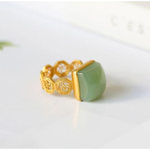 New silver inlaid natural Hetian Chalcedony geometric ring Chinese style retro unique sand gold craft pattern womens jewelry