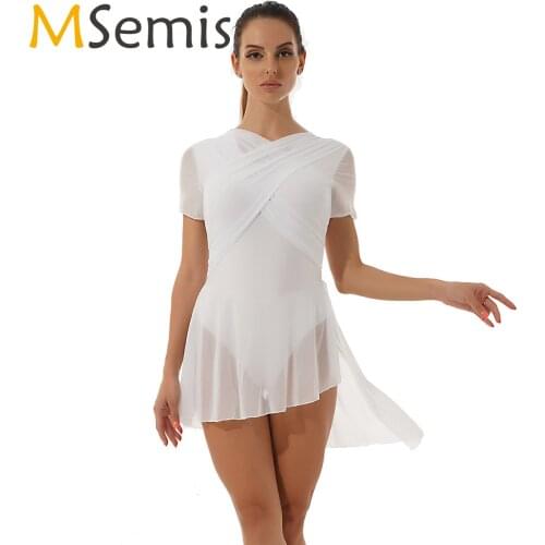 Ballet Dance Dress Women Ballroom Dress Adults Pleated Mesh Dance Dress Skirted Leotard Split Asymmetric Lyrical Dance Costume
