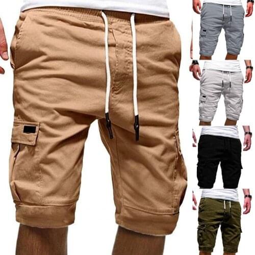 Summer Men Sports Shorts Solid Color Multi Pockets Men Casual Loose Drawstring Cargo Fitness Shorts ropa hombre шорты мужские