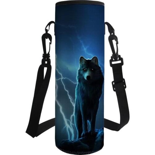 Trend 3D Wolf Print 1000ML Sport Water Bottle Cover Bags Insulated Outdoor Bottle Carrier Bag Sleeve with Shoulder Strap fundas