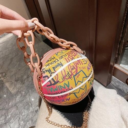 2021 Women Personality Graffiti Round Ball Bag Soft PU Leather Crossbody Acrylic Chain Handbags and Purses Female Basketball Bag
