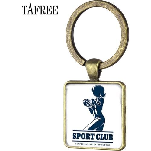 TAFREE Vintage Sport Club Fitness Series Square Pendants Keychain Gym Power Glass Cabochon Pendant Keyring FQ494