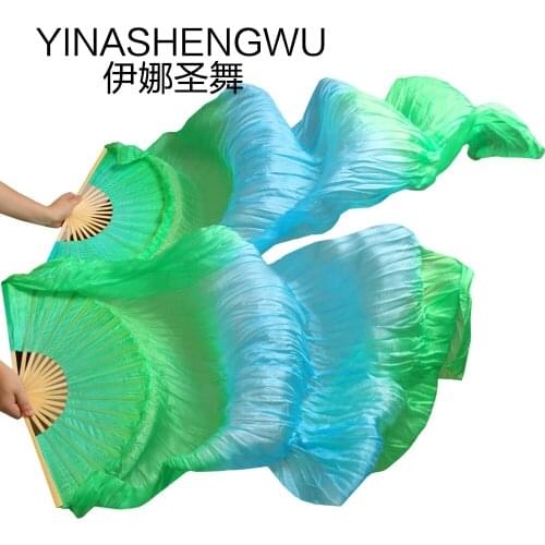 1 Pair Dance Fans Bamboo Ribs Natural Silk Stage Performance Props Dye Fans Women Belly Dance Silk Fans green+turquoise +green