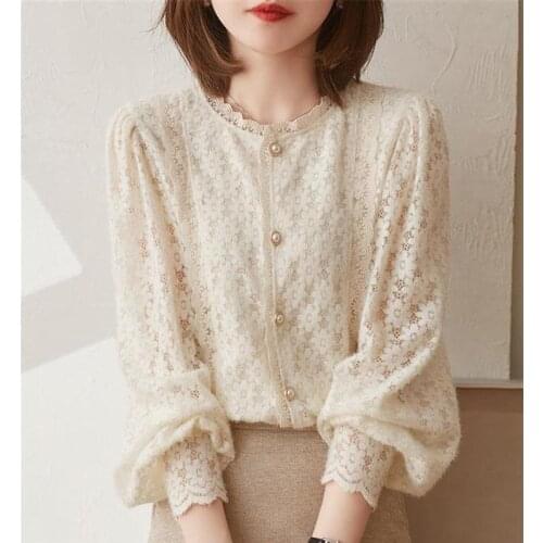 Spring 2021 new French gentle stitching lace round-necked flowers velvet lace shirt top long sleeve top women Polyester