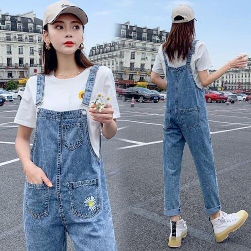 Woman Jeans Pants Embroidered Denim Suspender 2021 Womens Loose Straight Cropped Pants Suspenders Pantalones Vaqueros Mujer