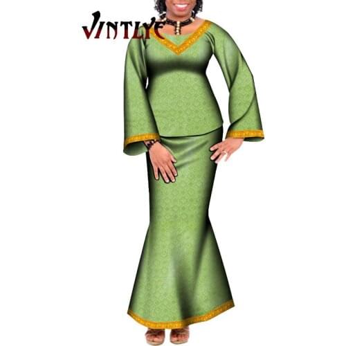 Bazin African Clothing for Women Two Piece Sets Top and Skirts Dashiki Party Lady Suits Elegant Gown Robe Africaine Femme WY065
