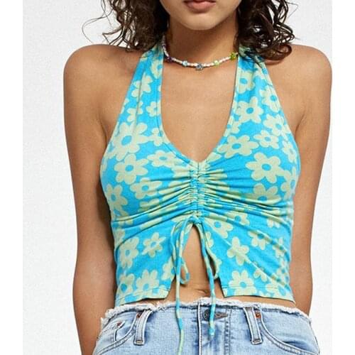 Women Sexy Backless Halter Crop Tops Female Summer Floral Print V-Neck Drawstring Vest Blue