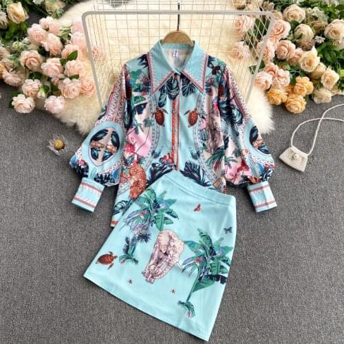 2021 Spring Summer Vintage Print Lapel Bubble Sleeve Shirt Women High Waist Slim Skirt Suit Printed Ladies Vintage Elegant Set