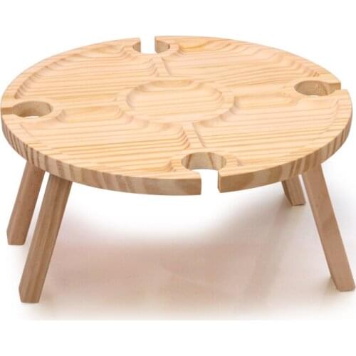 2 in 1 Wooden Folding Picnic Table Outdoor Camping Wine Glass Rack Portable Foldable Wine Table Round Desktop Easy to Carry