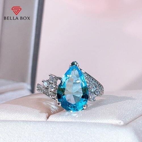 BELLA BOX Luxury 925 Sterling Silver Rings For Women With Water Drop Shape Topaz Gemstone Open Adjust Wedding Party Gift