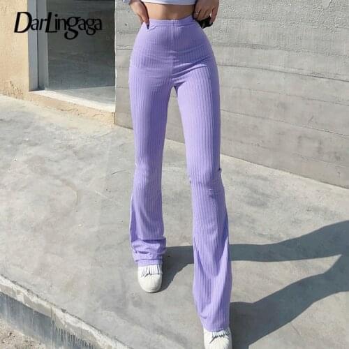Darlingaga Casual Solid Purple Skinny High Waist Pants Women Workout Elastic Ladies Long Trousers Slim Flare Pants Bottom Capris
