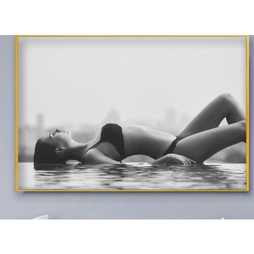 R0337 Black and White Lying On The Water Sexy Beautiful Girl Model Wall Sticker Silk Poster Art Home Decoration