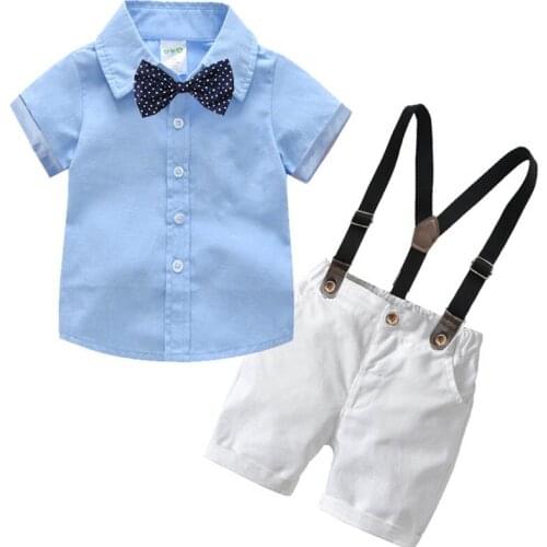 Baby Boy Gentleman Clothes Set Summer Boys Suit For Toddler Blue Shirt with Bow Tie+Suspenders White Shorts Formal Boys Clothes