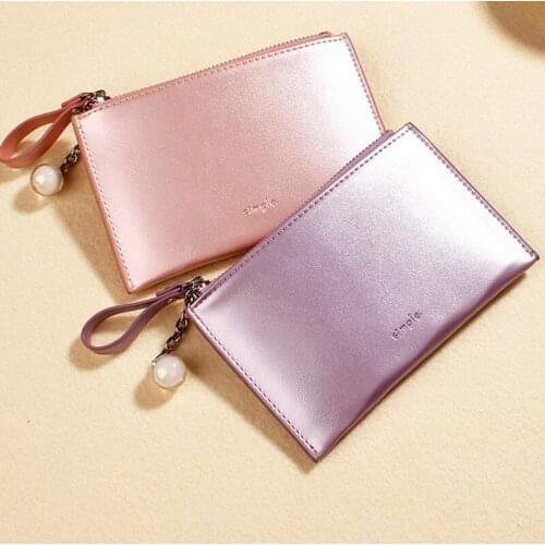 Pu Leather Women Long Wallet Japan Korea Mini Pearl Laser Pendant Creative Coin Purse Zipper Hand Purses for Ladies
