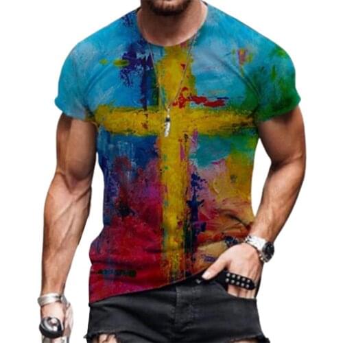 2021 Fashion Cross Printed T Shirts For Male Casual Short Sleeve Slim O Neck Pullover Tops Mens Plus Size Tee Shirt Streetwear