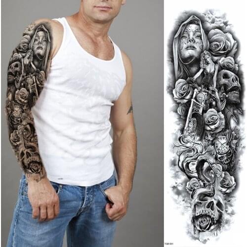 Hot Death Skull Waterproof Tattoo Sticker Black sexy Flower Temporary Tattoos Dark Style Big Arm Sleeve Fake Tatoo Body Art