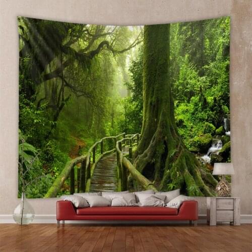 Hippie Trippy Wall Tapestry Forest Giant Tree Mandala India Wall Carpet Waterfall Landscape Room Decoration Wall Hanging Blanket