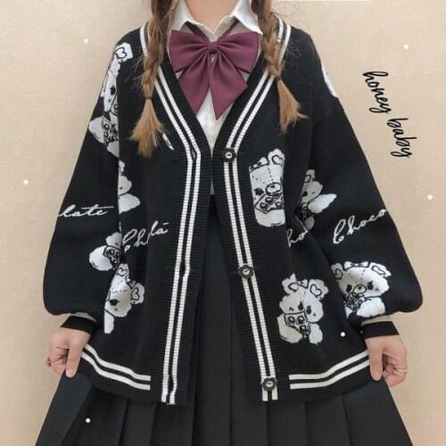 Original Design Bear Chocolate Womens Knitted Sweater Cardigan Black Vintage Fall Winter Loose Sweaters Cute Girls