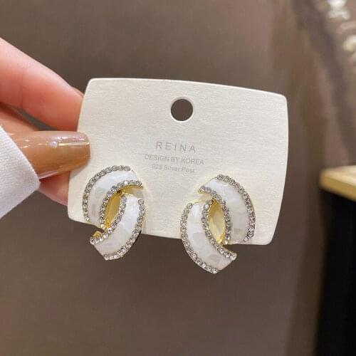 YAONUAN Korean S925 Needle Double Curved Alloy Stud Earrings For Women Trendy Paved Setting Zircon Earrings Jewelry Party Gifts