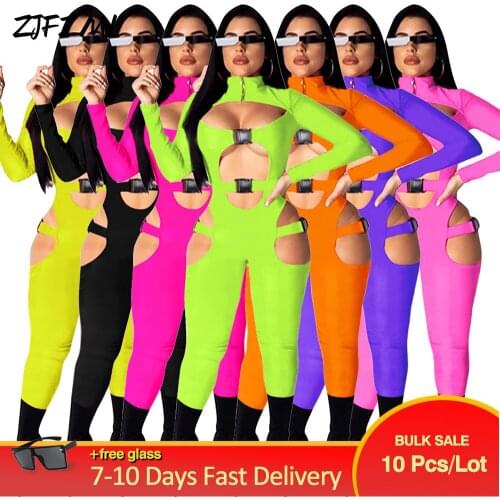 Bulk Items Wholesale Lots Moto & Biker Cut Out Bodycon Jumpsuit Casual Style High Necked Buckle Full Sleeve One Piece Rompers
