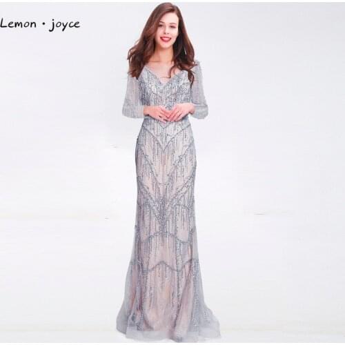 Lemon joyce Luxury Lace Crystals Beadings Evening Dress 2020 New Arrivals V-Neck Backless Long Floor Length Long Party Dresses