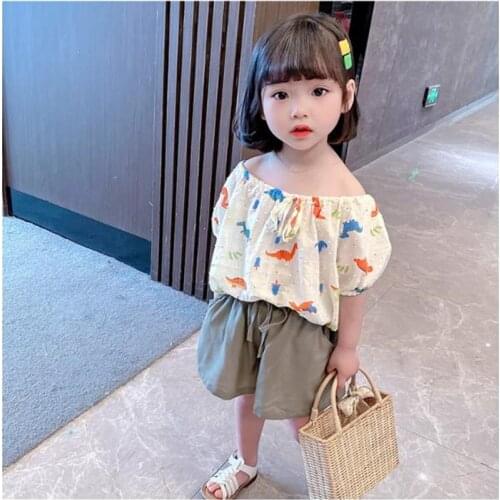 Celveroso 2021 summer suit Korean version thin cartoon one-shoulder shirt girls loose short-sleeved jacket and shorts set