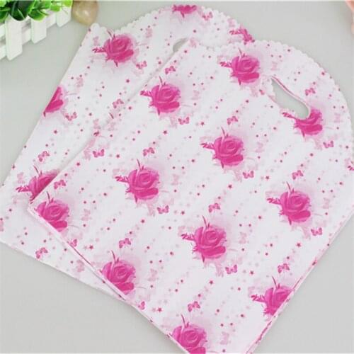 Hot Sale European Style Wholesale 50pcs/lot 25*35cm Pink Rose Large Shopping Plastic Bags Birthday Packaging Gift Bags