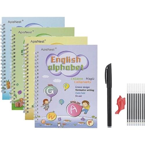 4 Books + Pen Handwriting Tracing Book Set Magic Practice Copybook Free Wiping Childrens Copybook Magic Writing Sticker